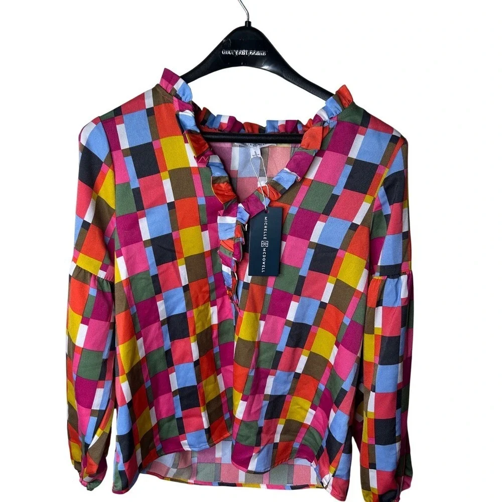 Michelle McDowell Ruffle Neck Blouse Women S‎ Multicolor NEW Patchwork Geometric